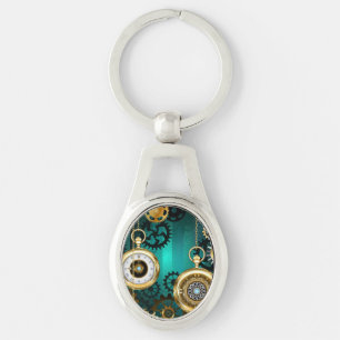 Steampunk Jewelry Watch on a Grönt Background Ovalt Silverfärgad Nyckelring