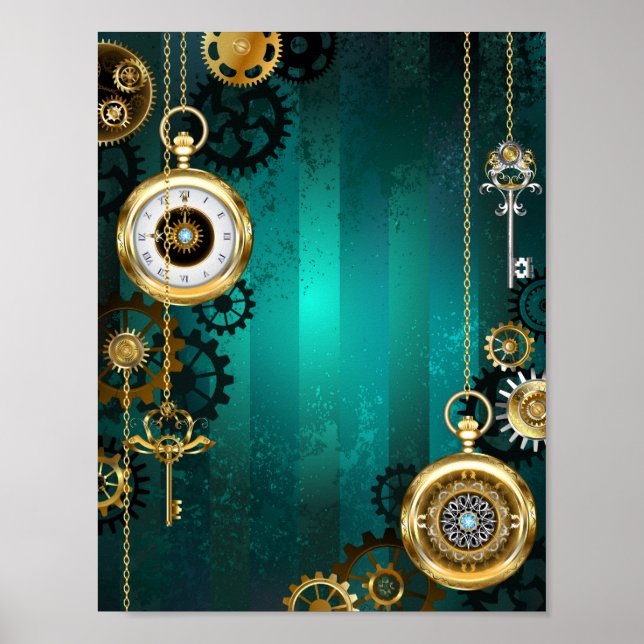 Steampunk Jewelry Watch on a Grönt Background Poster (Framsidan)