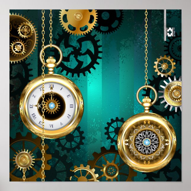 Steampunk Jewelry Watch on a Grönt Background Poster (Framsidan)