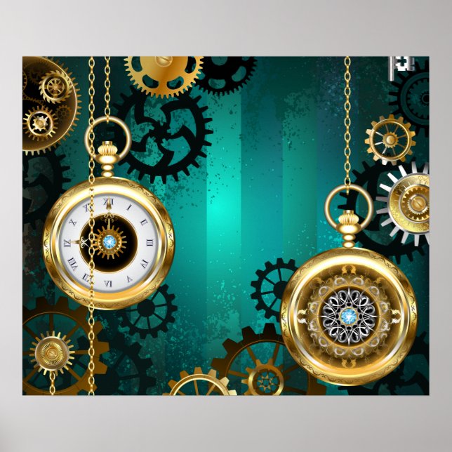Steampunk Jewelry Watch on a Grönt Background Poster (Framsidan)