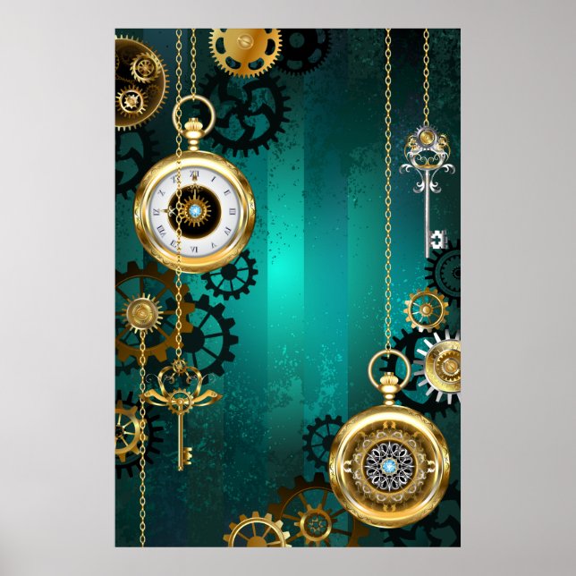 Steampunk Jewelry Watch on a Grönt Background Poster (Framsidan)
