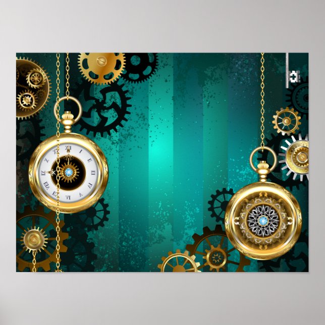 Steampunk Jewelry Watch on a Grönt Background Poster (Framsidan)