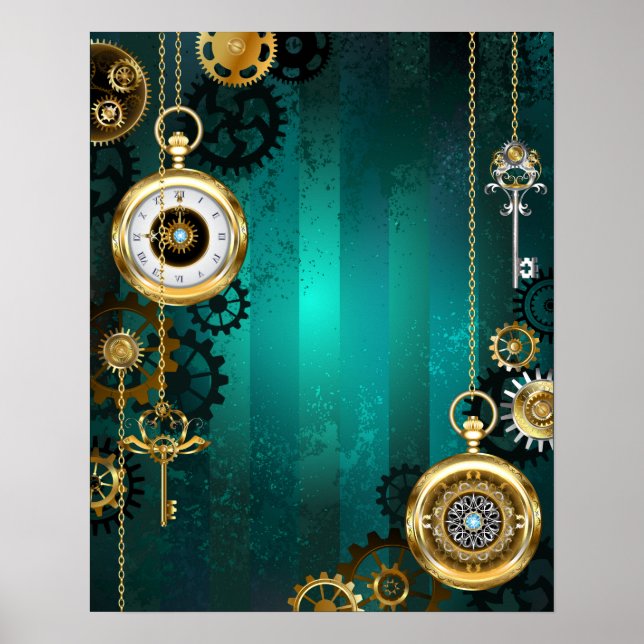 Steampunk Jewelry Watch on a Grönt Background Poster (Framsidan)