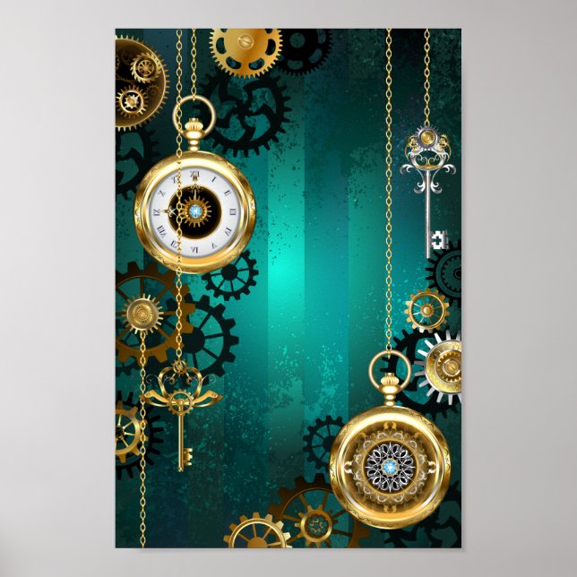 Steampunk Jewelry Watch on a Grönt Background Poster (Framsidan)