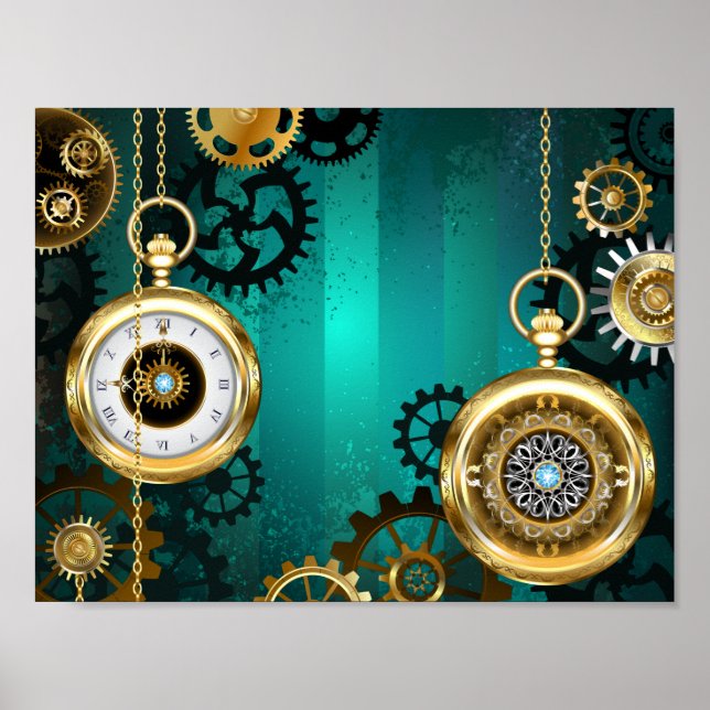 Steampunk Jewelry Watch on a Grönt Background Poster (Framsidan)