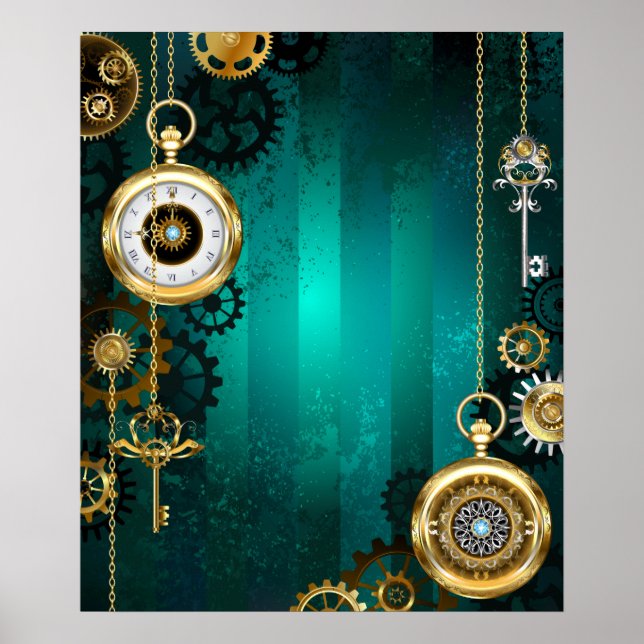 Steampunk Jewelry Watch on a Grönt Background Poster (Framsidan)
