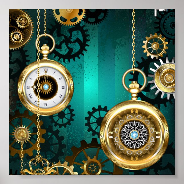 Steampunk Jewelry Watch on a Grönt Background Poster (Framsidan)