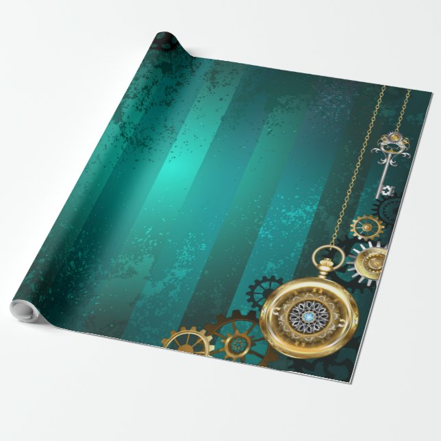 Steampunk Jewelry Watch on a Grönt Background Presentpapper (Utrullad)