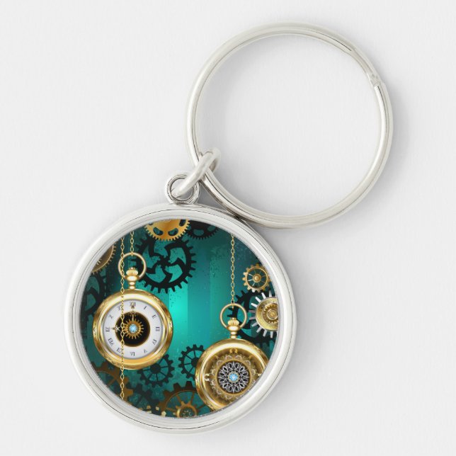 Steampunk Jewelry Watch on a Grönt Background Rund Silverfärgad Nyckelring (Framsidan)