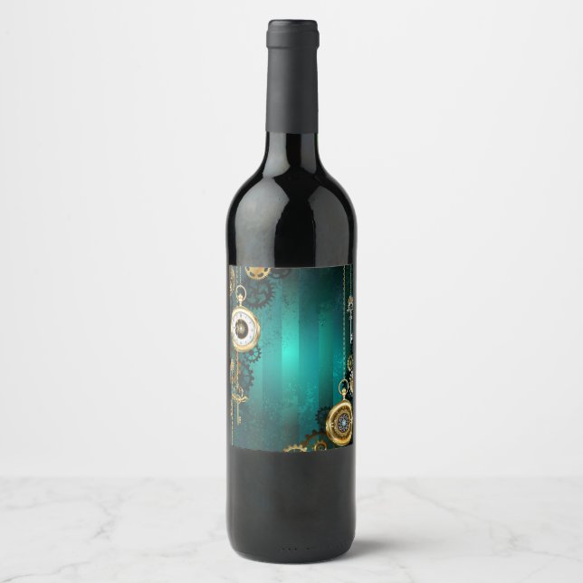 Steampunk Jewelry Watch on a Grönt Background Vinflaska Etikett (Framsida)