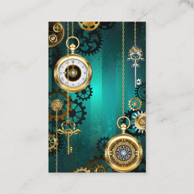 Steampunk Jewelry Watch on a Grönt Background Visitkort (Framsida)