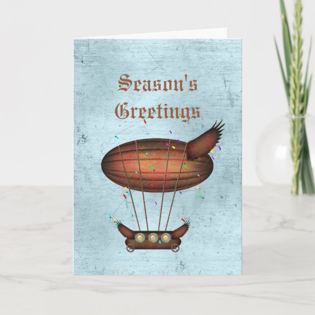 Steampunk jul Bronze Airship Greeting Card Helgkort (Framsida)