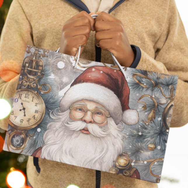 Steampunk Jultomten Clock Work och Snowy Träd (Steampunk Santa festive holiday large gift bags for the holiday season. )