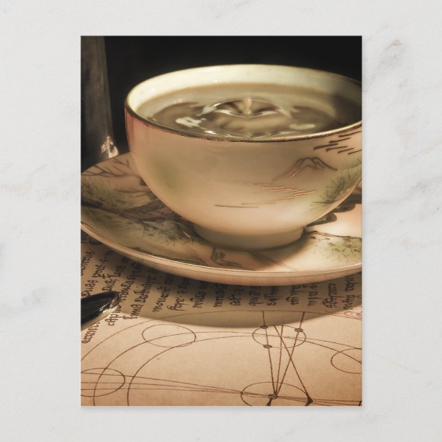 Steampunk-kaffekopp på fat med fickur vykort (Framsida)