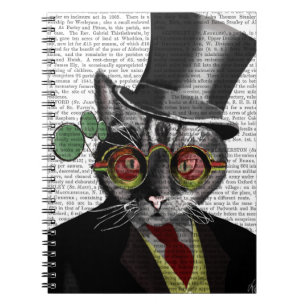 Steampunk Kat - glas med Top hat och rött gult Anteckningsbok Med Spiral