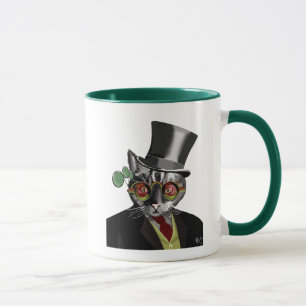 Steampunk Kat - glas med Top hat och rött gult Mugg