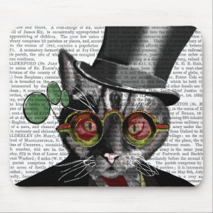 Steampunk Kat - glas med Top hat och rött gult Musmatta