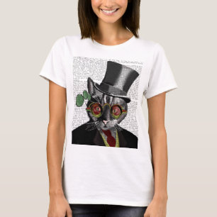 Steampunk Kat - glas med Top hat och rött gult Tee Shirt