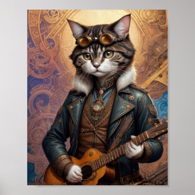 Steampunk-katt i läder jacka, lekgitarr - poster (Framsidan)