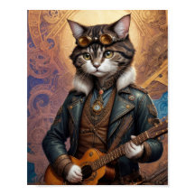 Steampunk katt i läderjacka, spelar gitarr -
