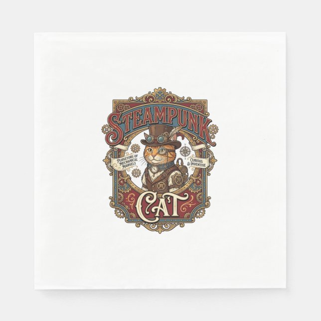Steampunk Katt Katt Steampunk Vintage Pappersservett (Framsidan)