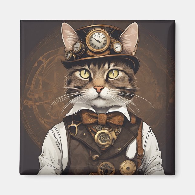 Steampunk-katt Magnet (Framsidan)
