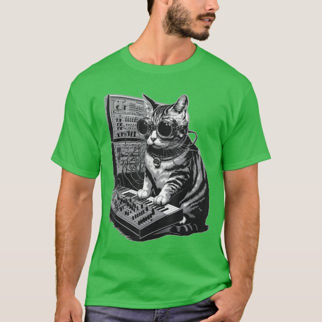 Steampunk Katt spelar Synthesizer Synth Kittenechn T Shirt (Framsida)