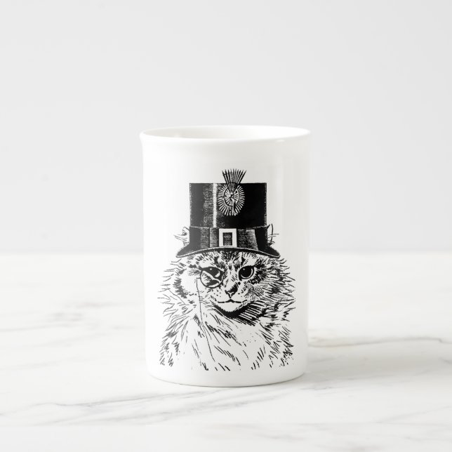 Steampunk kattmugg, kattunge i top hat benporslin mugg (Framsidan)