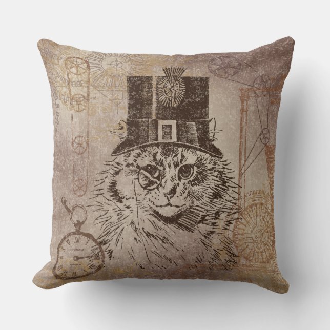 Steampunk Kattunge i Top hat, Gears, Pocketwatch Kudde (Framsida)