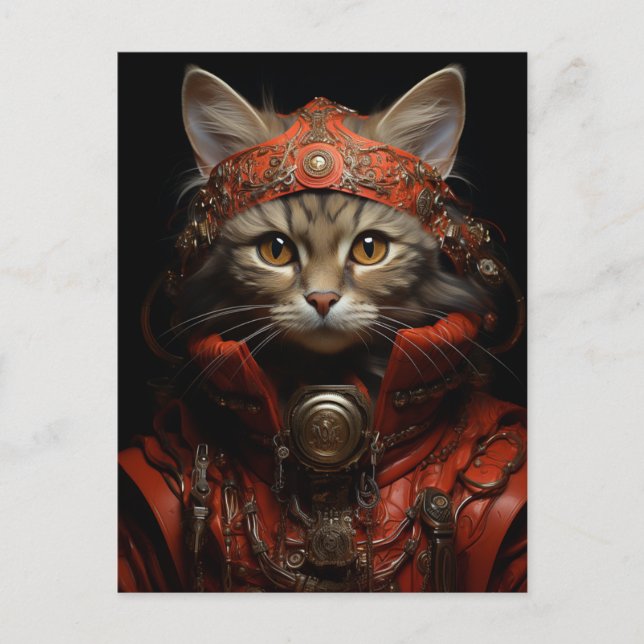 Steampunk Kitten i rött vykort (Framsida)