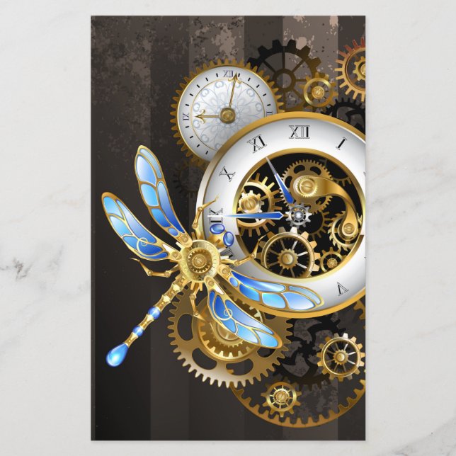 Steampunk Klock med mekanisk Dragonfly Flygblad (Framsidan)