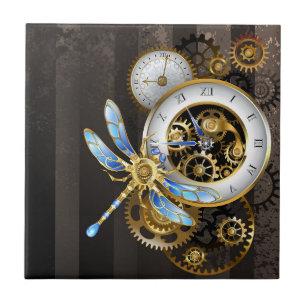 Steampunk Klock med mekanisk Dragonfly Kakelplatta