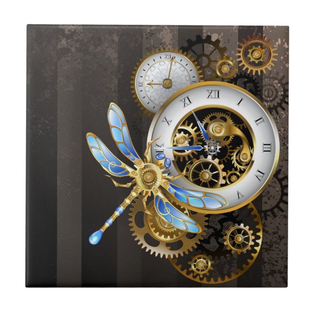 Steampunk Klock med mekanisk Dragonfly Kakelplatta (Framsidan)