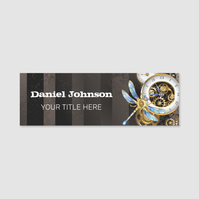 Steampunk Klock med mekanisk Dragonfly Namnbricka (Framsida)