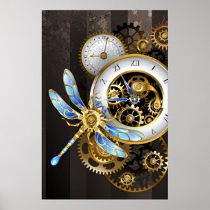 Steampunk Klock med mekanisk Dragonfly Poster
