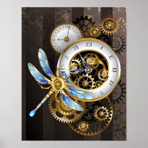 Steampunk Klock med mekanisk Dragonfly Poster