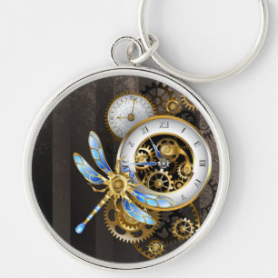 Steampunk Klock med mekanisk Dragonfly Rund Silverfärgad Nyckelring