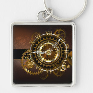 Steampunk klocka med antika växlar fyrkantig silverfärgad nyckelring