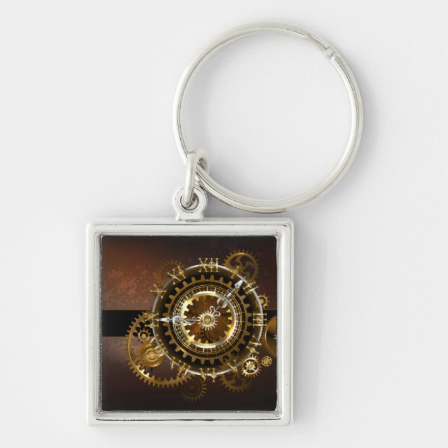 Steampunk klocka med antika växlar fyrkantig silverfärgad nyckelring (Framsidan)