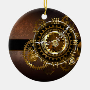 Steampunk klocka med antika växlar julgransprydnad keramik