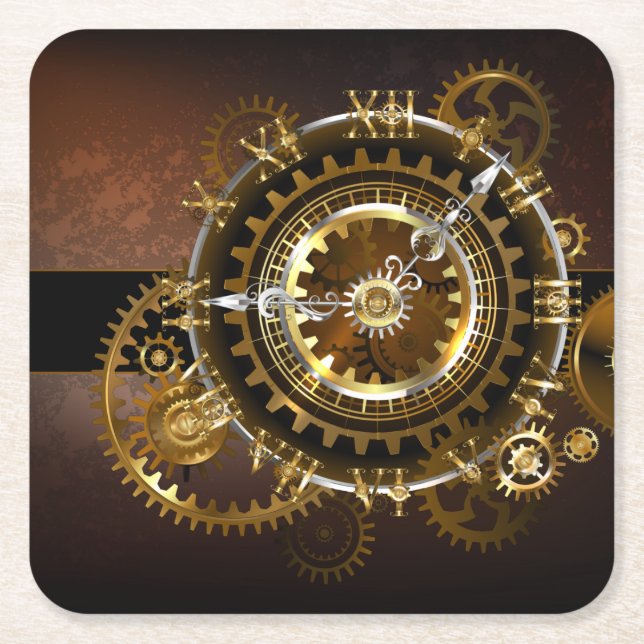 Steampunk klocka med antika växlar underlägg papper kvadrat (Framsidan)
