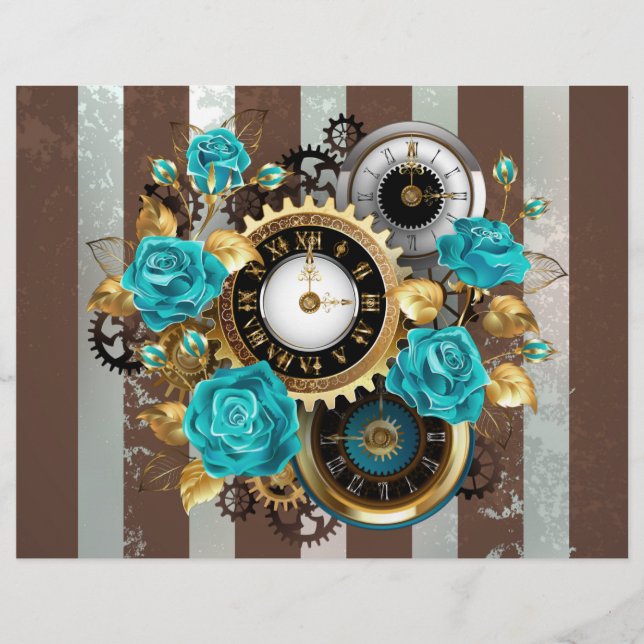 Steampunk-klocka och turkosa rosor på randig reklamblad (Framsidan)