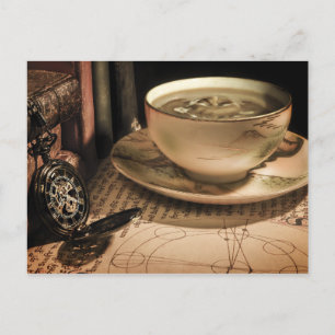 Steampunk Kopp i kaffe på Saucer w/ Pocket Watch Vykort