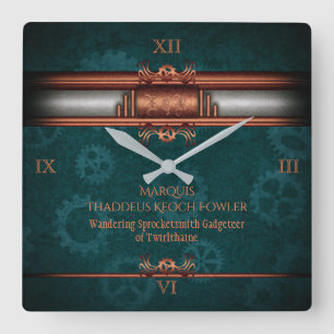 Steampunk, koppar på tealgroddar, Monogram Fyrkantig Klocka