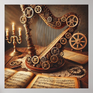 Steampunk Large Harp, Lakan Music, Candels, Gears Poster
