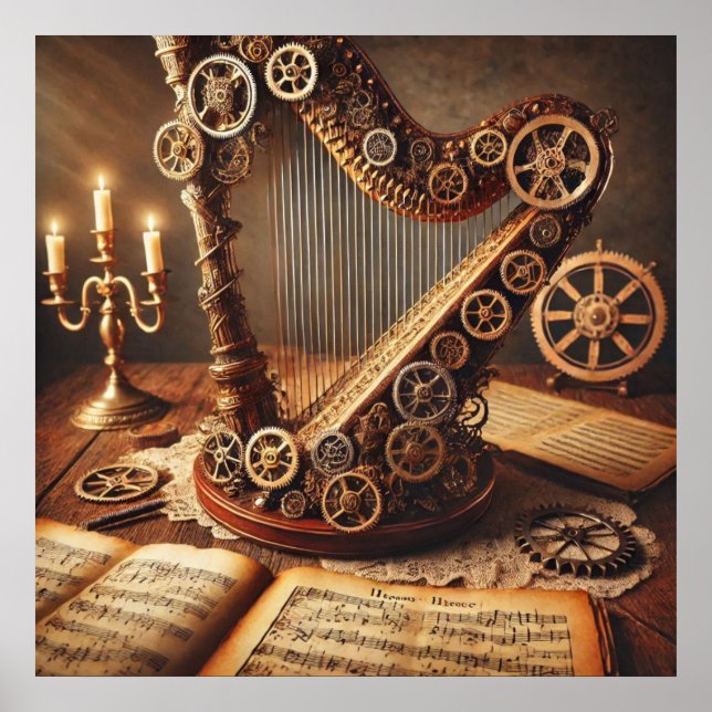 Steampunk Large Harp, Lakan Music, Candels, Gears Poster (Framsidan)