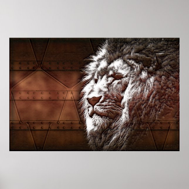 Steampunk Lejon Head Animal Original Digital Art Poster (Framsidan)