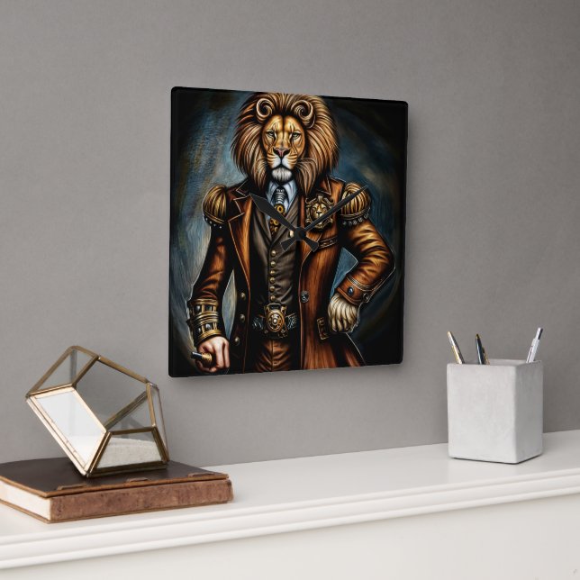 Steampunk lion in a suit fyrkantig klocka (Kontor)