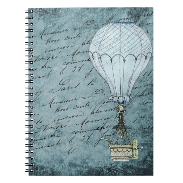 Steampunk Luftballong Dusk Blue Handskrift Anteckningsbok (Framsidan)