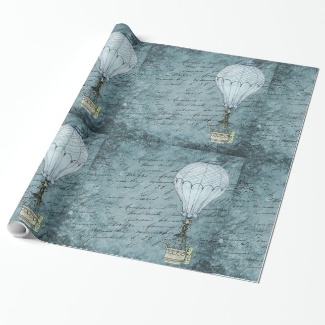 Steampunk Luftballong Dusk Blue Handskrift Presentpapper (Utrullad)